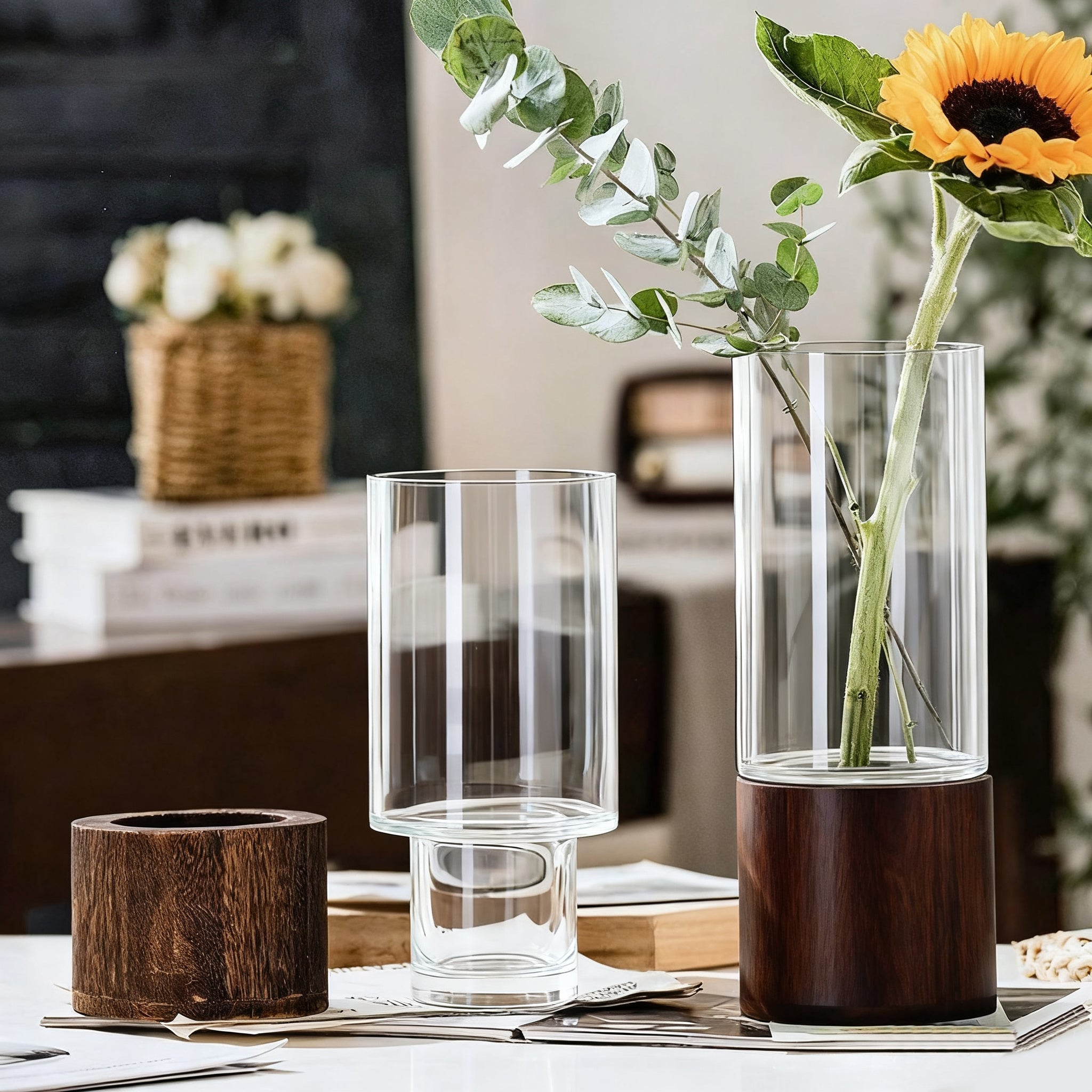 Large 8-Inch Clear Glass Vase for Fresh Flowers - Modern Minimalist Wide Mouth Centerpiece for Home Decor, Dining Table, Living Room, Office Desk (Transparent)