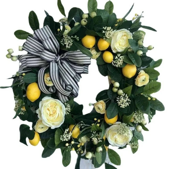 Lemon Wreath for Front Door, Artificial Faux Lemon & floral Summer Wreath, Spring Summer Porch Decor, Farmhouse Home Wedding Decorations