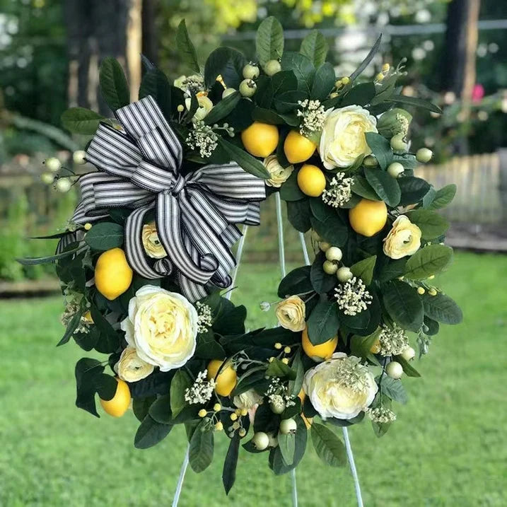 Lemon Wreath for Front Door, Artificial Faux Lemon & floral Summer Wreath, Spring Summer Porch Decor, Farmhouse Home Wedding Decorations