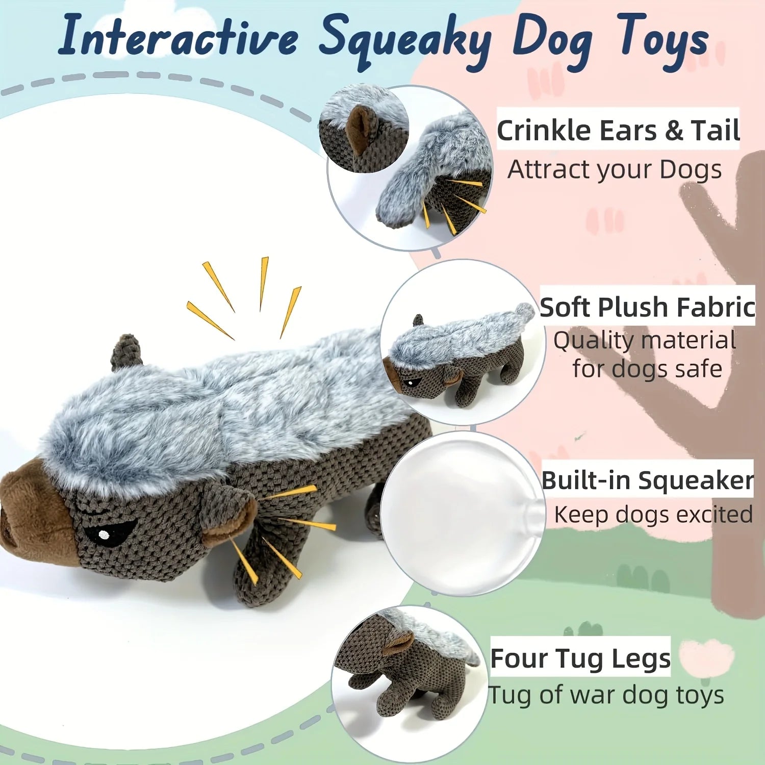 Squeaky Badger Dog Toy - Tough Plush Chew Toys with Animal Sounds, Long-Lasting Durable Stuffed Animal for Aggressive Chewers, Puppy Enrichment