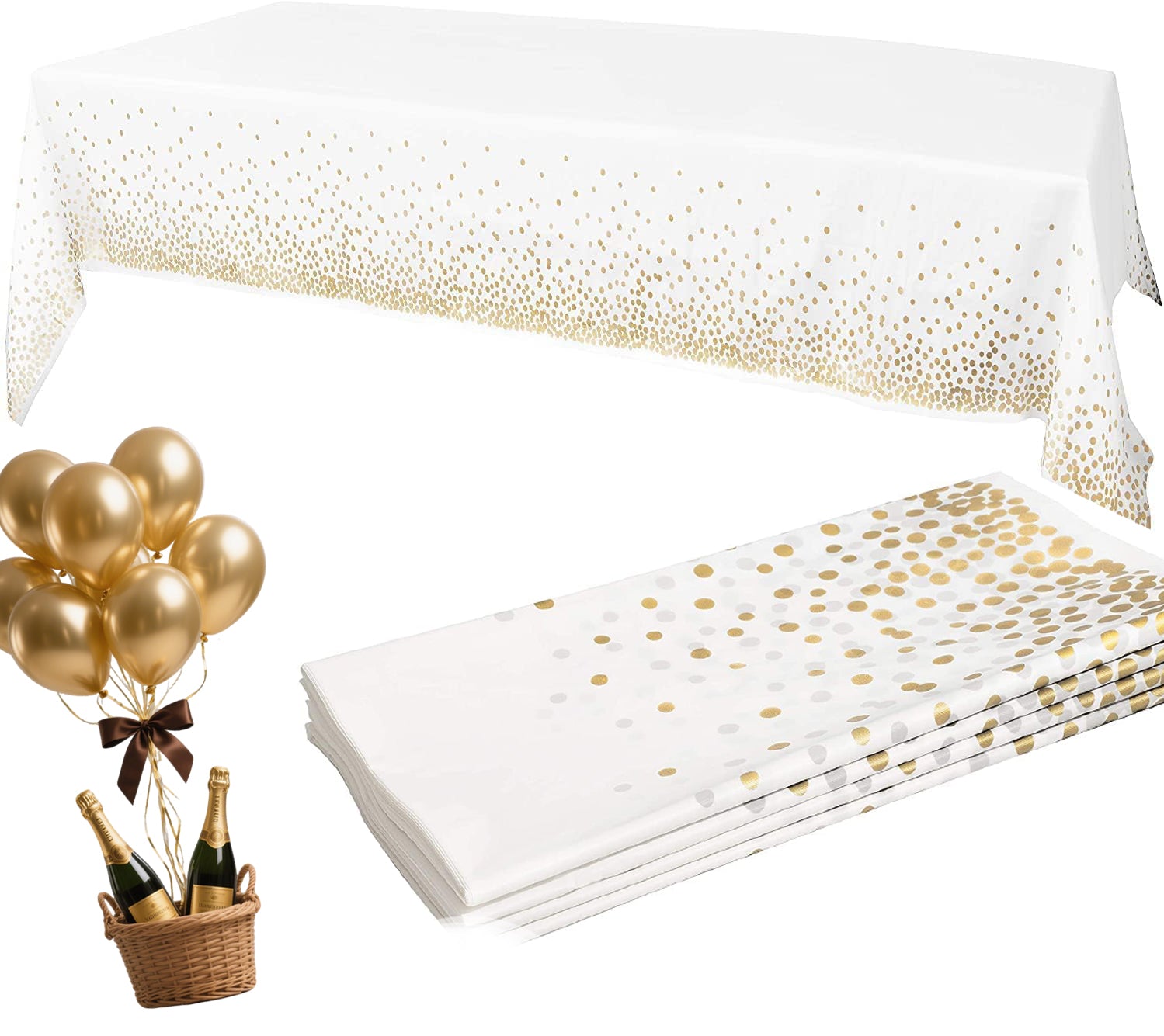 2 Pack Disposable Plastic Tablecloth, Gold Stamping Dot Rectangular Table Cloth, suitable for Indoor or Outdoor Tables Party Decorations, Birthdays, Weddings, Size (54" x 108"), White.