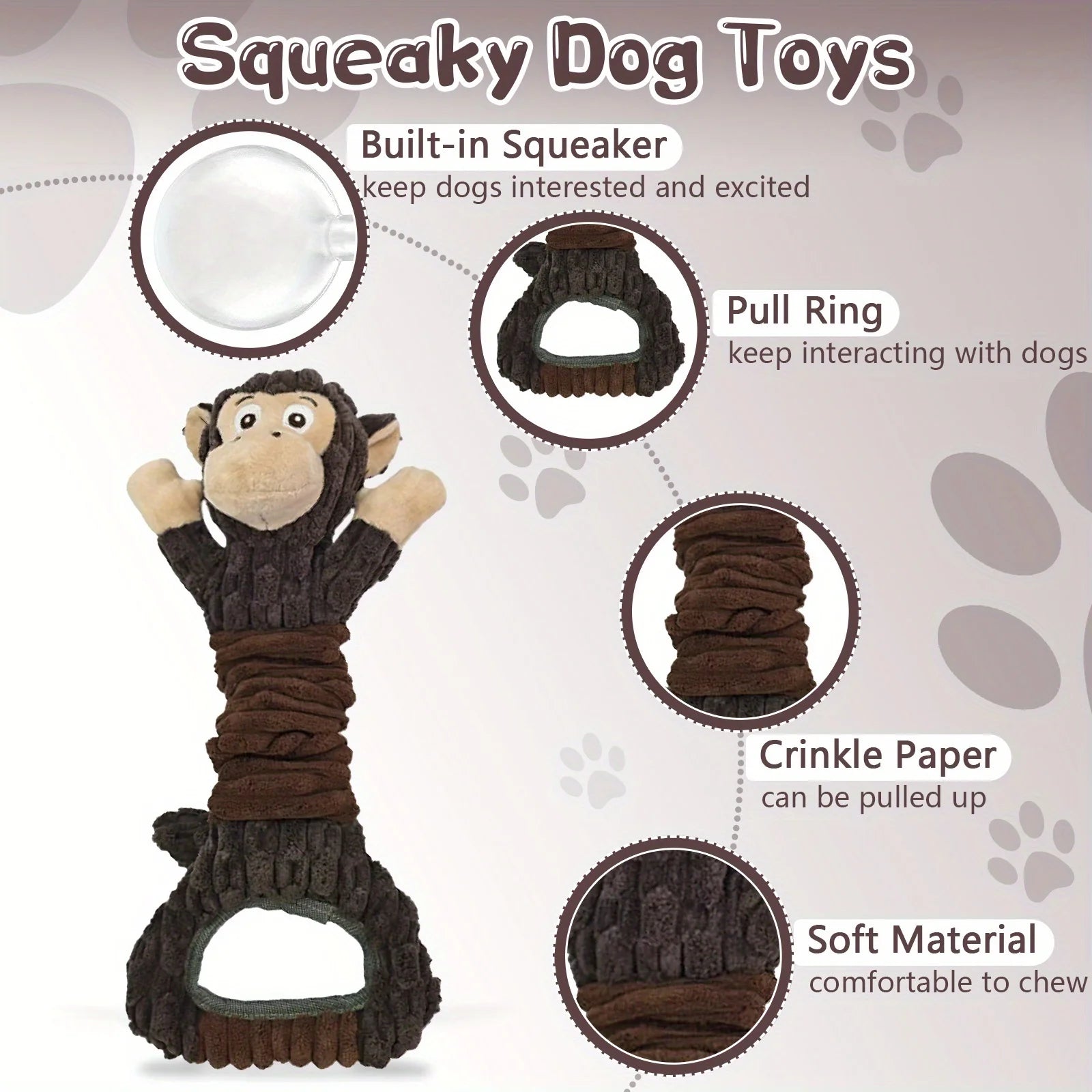 Monkey Dog Toy for Aggressive Chewers, Durable Tug & Chew Toy with Rope Arms - Tough Plush Animal for Large Breed Dogs, No Stuffing