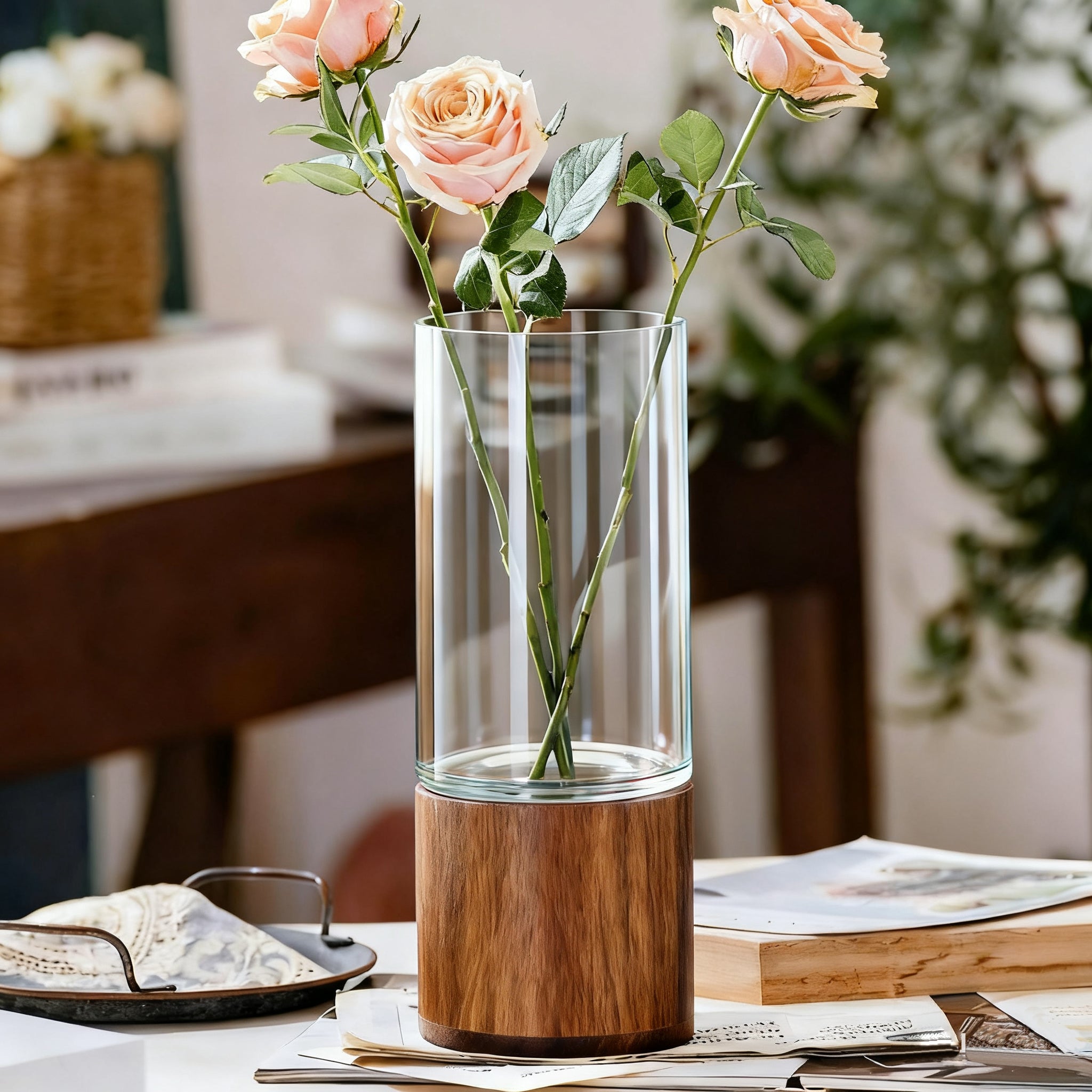 Large 8-Inch Clear Glass Vase for Fresh Flowers - Modern Minimalist Wide Mouth Centerpiece for Home Decor, Dining Table, Living Room, Office Desk (Transparent)