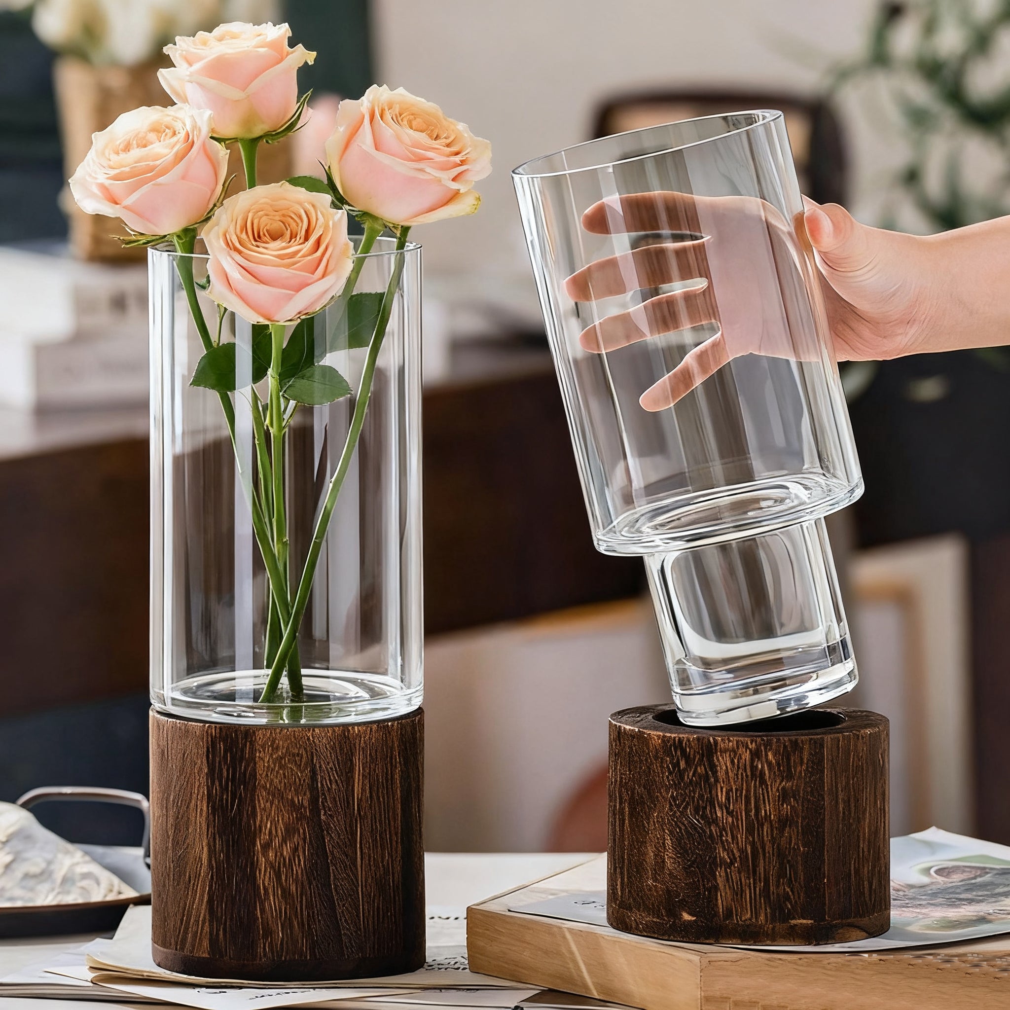 Large 8-Inch Clear Glass Vase for Fresh Flowers - Modern Minimalist Wide Mouth Centerpiece for Home Decor, Dining Table, Living Room, Office Desk (Transparent)