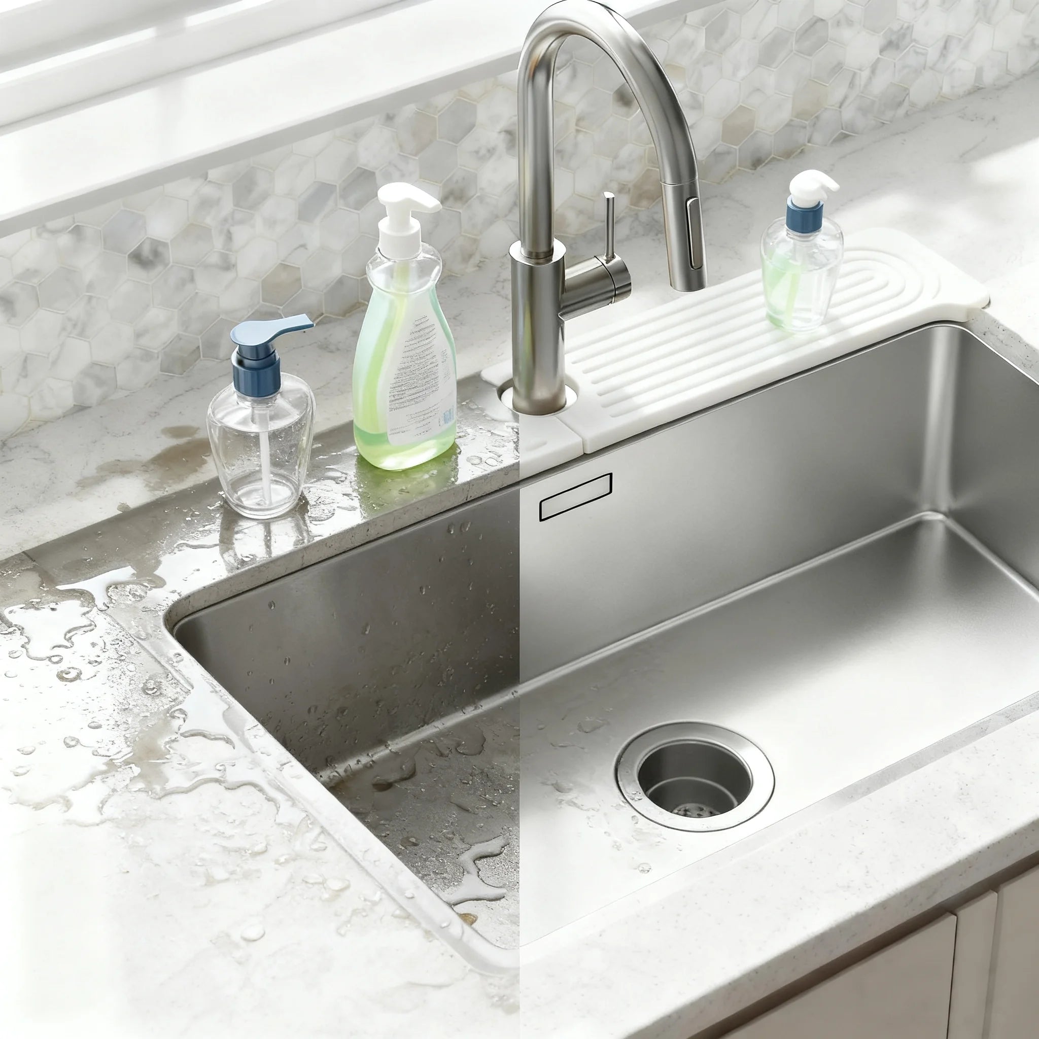 Kitchen Sink Mat, White Diatomite Sink Tray with Drain Hole - Super Absorbent Drying Mat Prevents Water Stains & Mold, Non-Slip Faucet Splash Guard