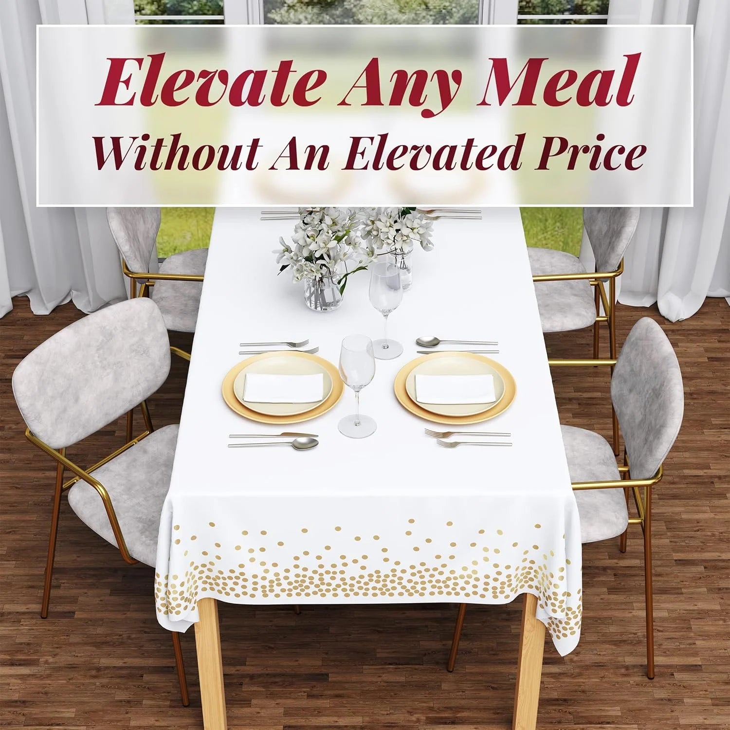 2 Pack Disposable Plastic Tablecloth, Gold Stamping Dot Rectangular Table Cloth, suitable for Indoor or Outdoor Tables Party Decorations, Birthdays, Weddings, Size (54" x 108"), White.