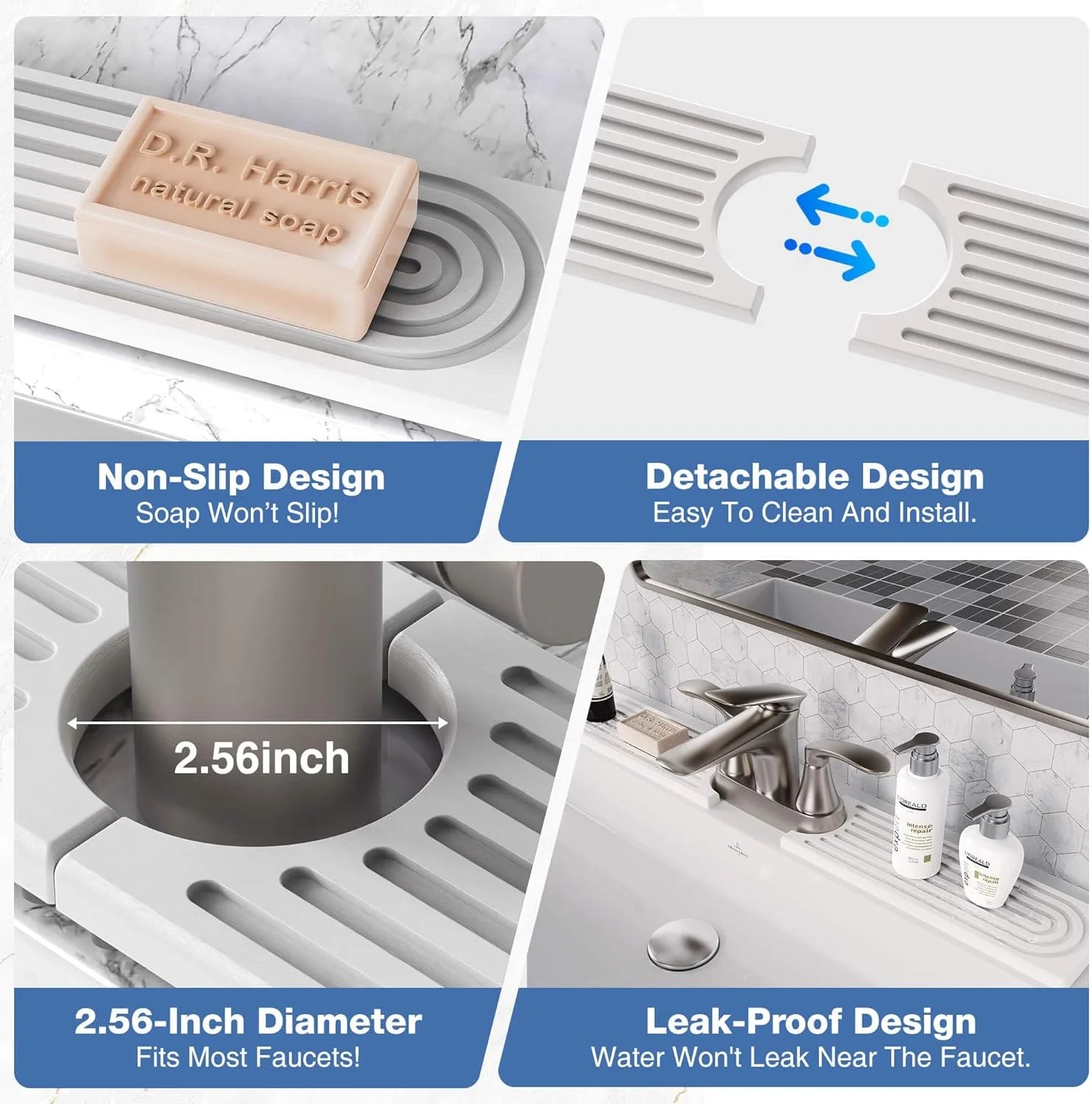 Kitchen Sink Mat, White Diatomite Sink Tray with Drain Hole - Super Absorbent Drying Mat Prevents Water Stains & Mold, Non-Slip Faucet Splash Guard