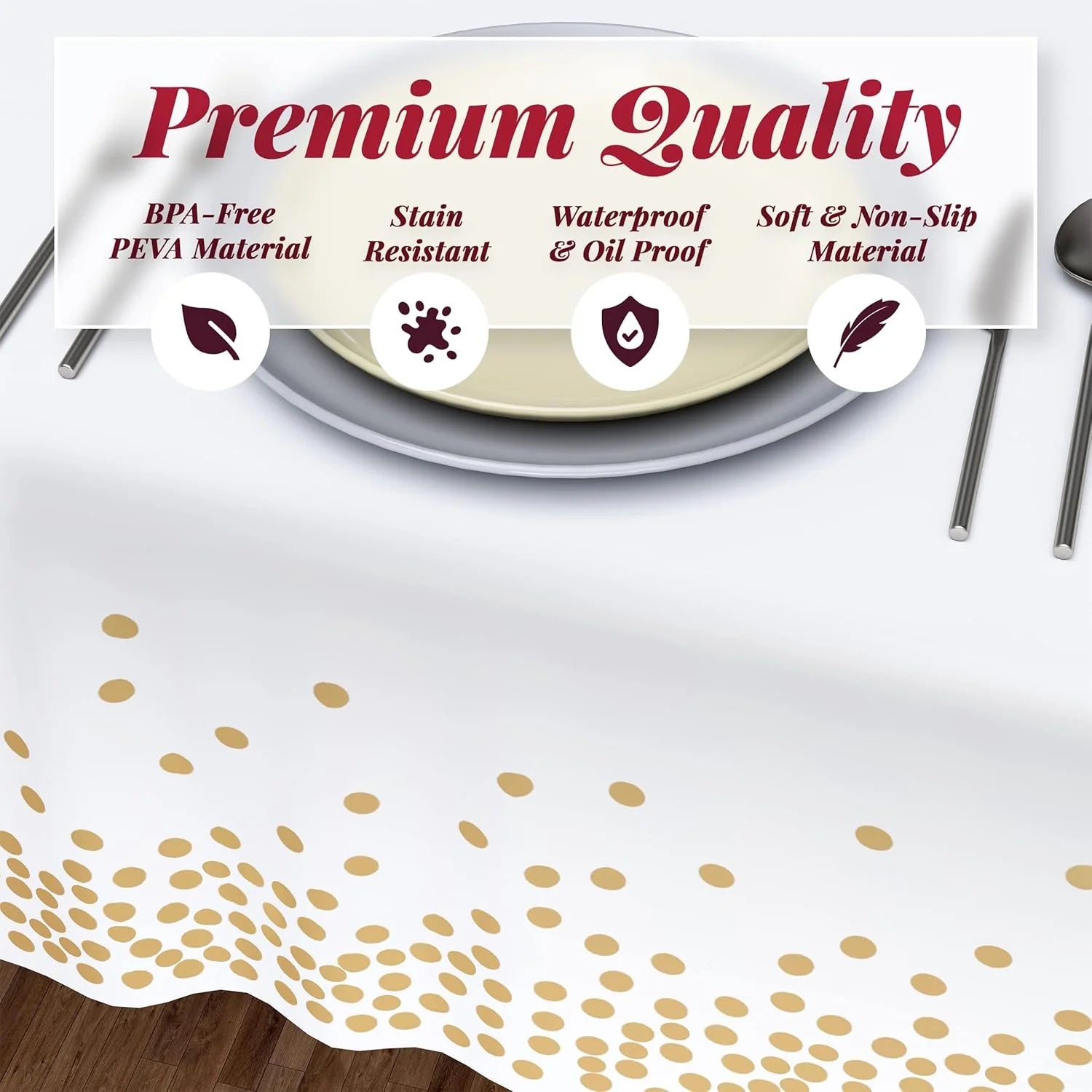 2 Pack Disposable Plastic Tablecloth, Gold Stamping Dot Rectangular Table Cloth, suitable for Indoor or Outdoor Tables Party Decorations, Birthdays, Weddings, Size (54" x 108"), White.
