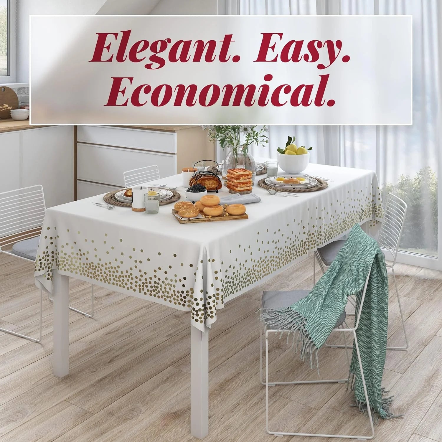 2 Pack Disposable Plastic Tablecloth, Gold Stamping Dot Rectangular Table Cloth, suitable for Indoor or Outdoor Tables Party Decorations, Birthdays, Weddings, Size (54" x 108"), White.