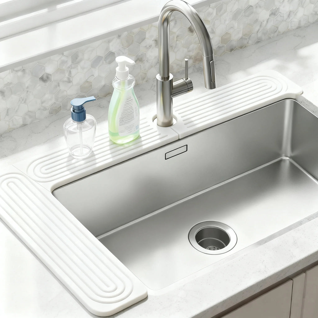 Kitchen Sink Mat, White Diatomite Sink Tray with Drain Hole - Super Absorbent Drying Mat Prevents Water Stains & Mold, Non-Slip Faucet Splash Guard