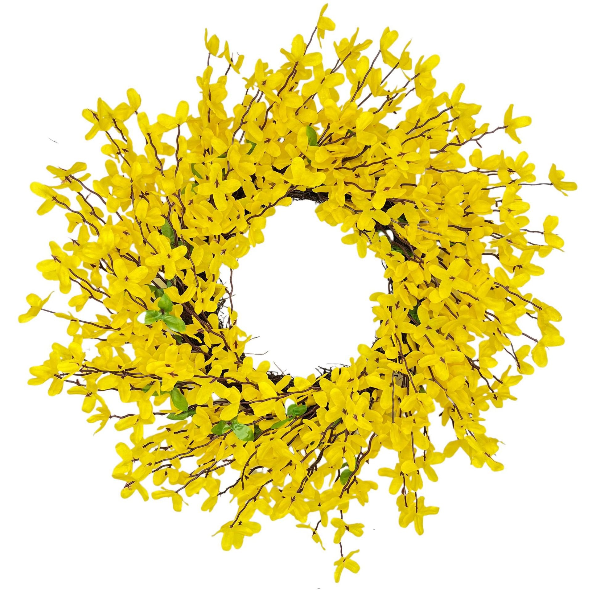 Summer Front Door Wreath 18 Inch Yellow Forsythia Spring Door Wreath, Farmhouse Summer Door Wreath on Grapevines for Christmas Celebration Wall Window Decoration Hanging