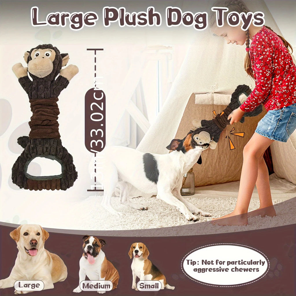 Monkey Dog Toy for Aggressive Chewers, Durable Tug & Chew Toy with Rope Arms - Tough Plush Animal for Large Breed Dogs, No Stuffing