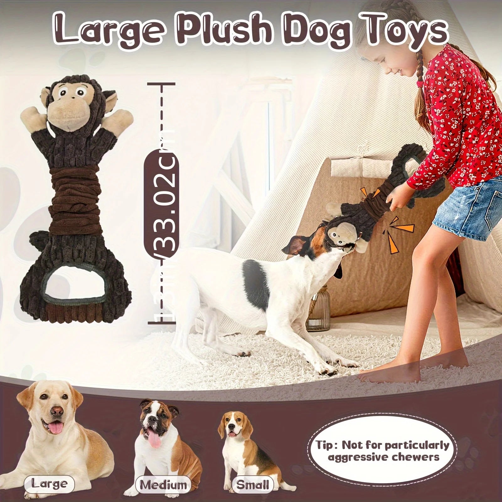 Monkey Dog Toy for Aggressive Chewers, Durable Tug & Chew Toy with Rope Arms - Tough Plush Animal for Large Breed Dogs, No Stuffing